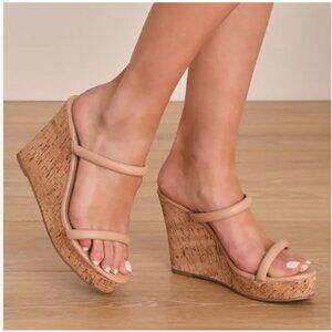 FOWT Nude Open Toe Platform Slip on Wedge High Heel Slippers Double Strap Mules